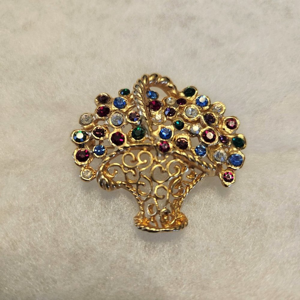 BASKET FULL OF COLORFUL CRYSTALS BROOCH
